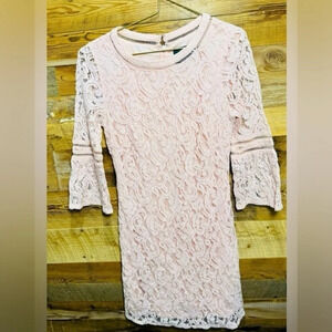 Adrianna Papell lace bodycon mini dress US4 party puff sleeve pink sheath rare